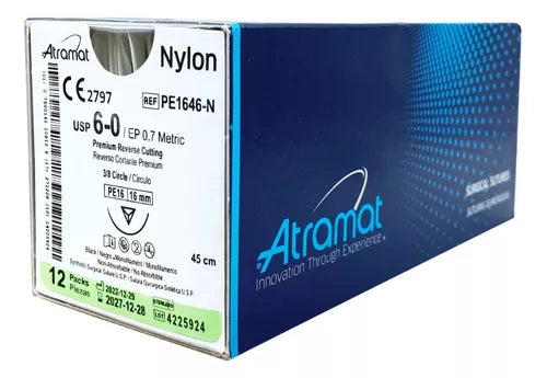 Sutura de nylon 6-0, 45 cm aguja 3/8 reverso cortante 16 mm