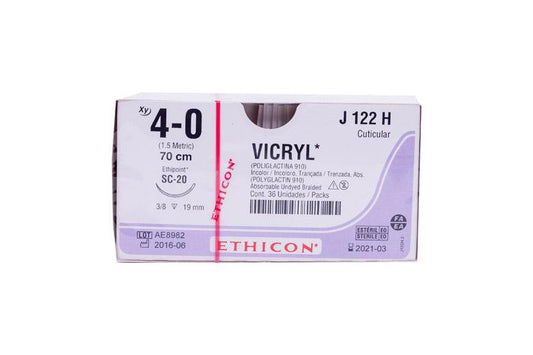 VICRYL Sutura de ácido poliglicolico incoloro 4-0. LONG. 70CM. AGUJA SC-(19MM) 3/8. CIRCULO"REVERSO CORTANTE" CUTICULAR.