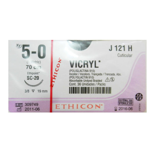 VICRYL Sutura de ácido poliglicolico incoloro 5-0. LONG. 70CM. AGUJA SC-(19MM) 3/8. CIRCULO"REVERSO CORTANTE" CUTICULAR.