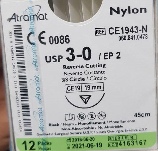 Sutura de nylon 3-0 aguja 3/8 reverso cortante 19 mm Premium