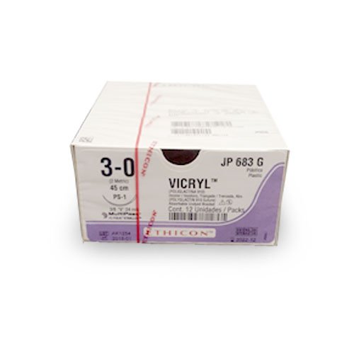 VICRYL Sutura de ácido poliglicolico 3-0. LONG.45CM. AGUJA PS-1(24MM) 3/8. CIRCULO "REVERSO CORTANTE" PLASTICA