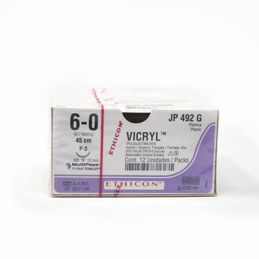 VICRYL Sutura de ácido poliglicolico. 6-0 LONG. 45 CM AGUJA P3 (13 MM) 3/8. CIRCULO "REVERSO CORTANTE" PLASTICA.