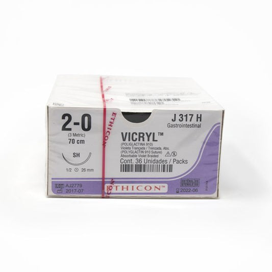 VICRYL Sutura de ácido poliglicolico violeta 2-0. LONG 70 CM. AGUJA SH (26 MM). 1/2 CIRCULO "AHUSADA" GASTRO